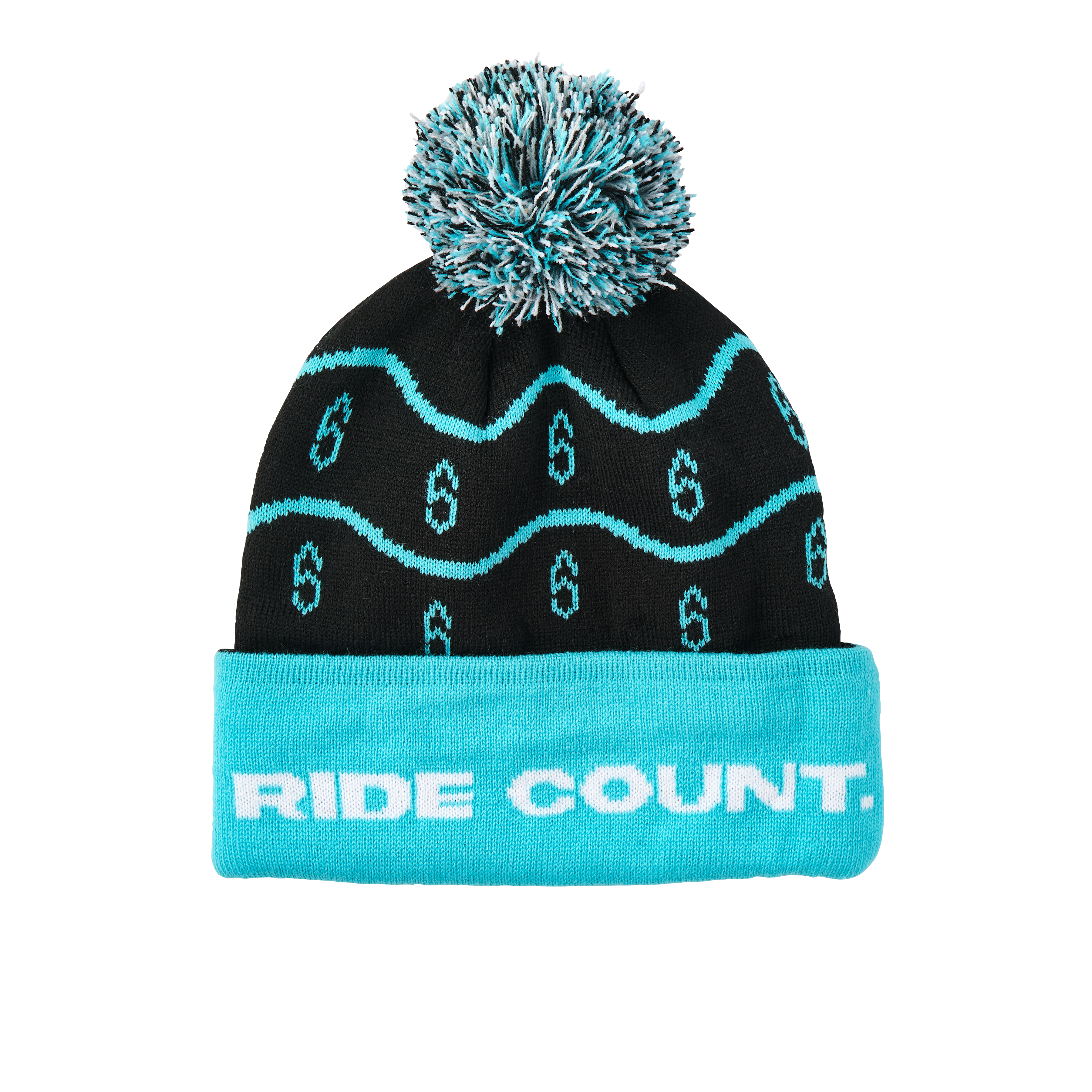 Black and turquoise beanie with 'RIDE COUNT.' text on a white background