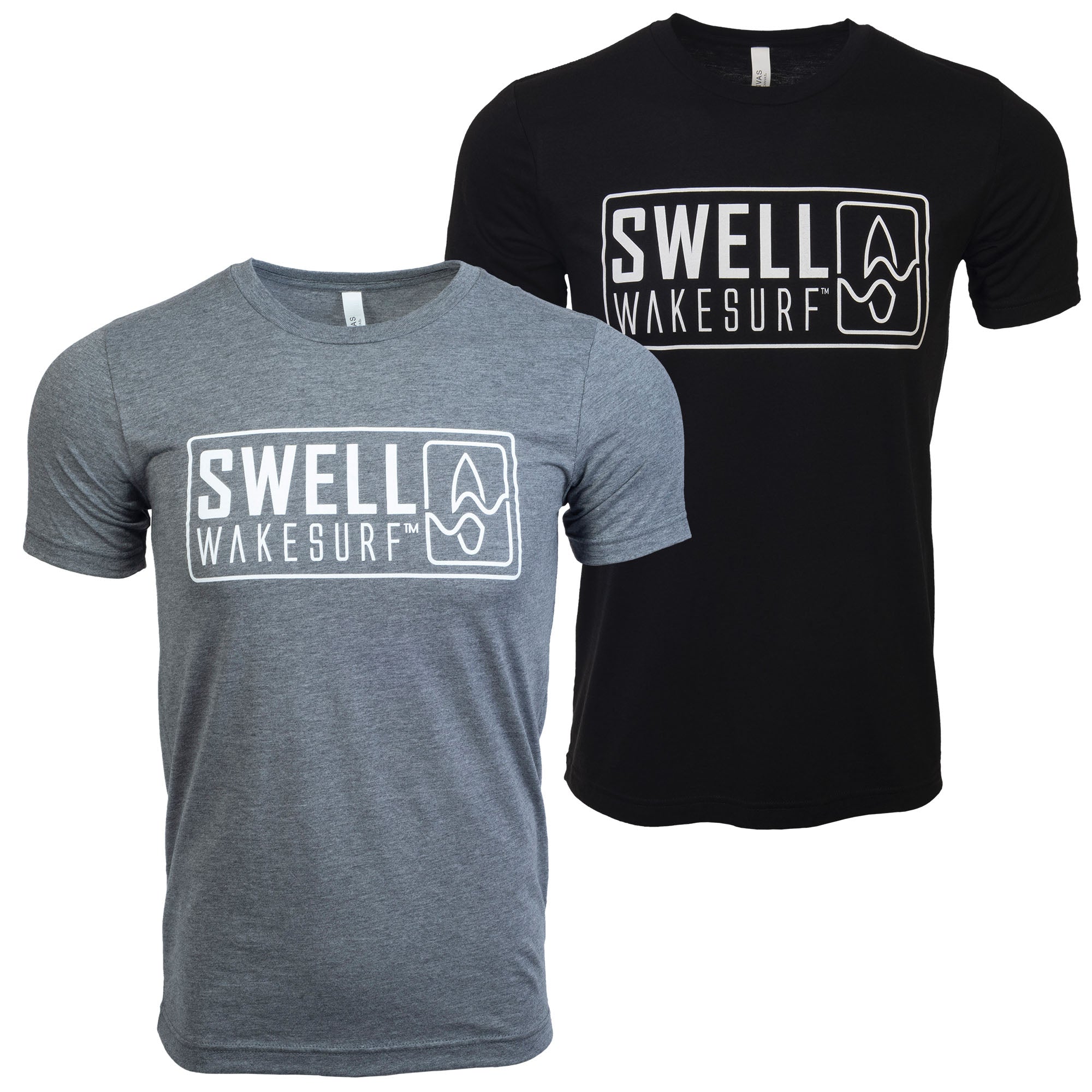 Two SWELL Wakesurf Badge shirts featuring a screenprint logo that says "swell surfboard.