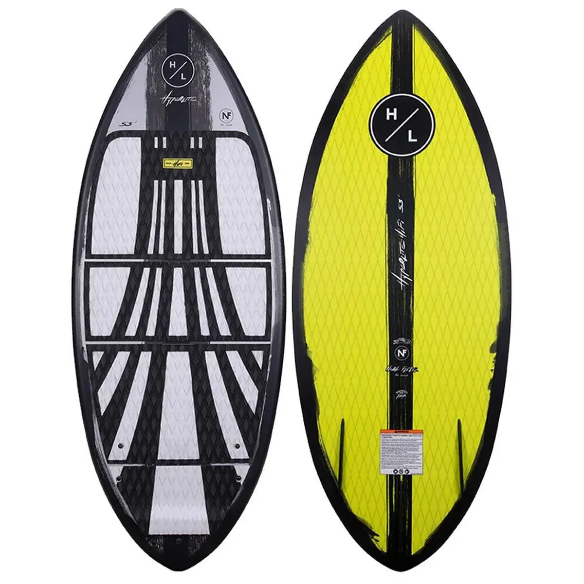 A yellow and black HYPERLITE Hi-Fi 2022 wakeboard with DuraShell Construction on a white background.