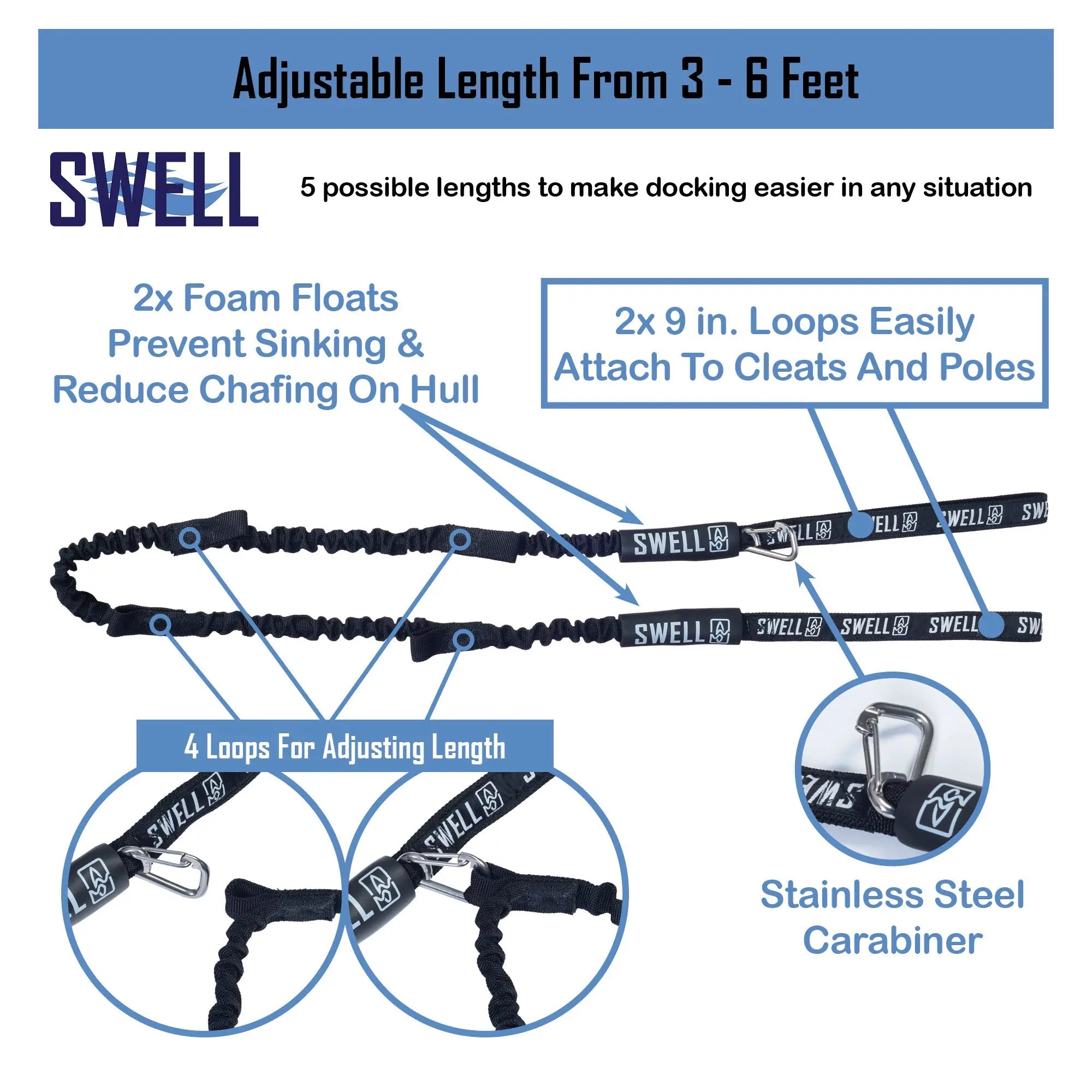 SWELL Wakesurf - Bungee Dock Line 6 ft. - Shock Absorbing, Adjustable Length, Quick Tie Design SWELL Wakesurf