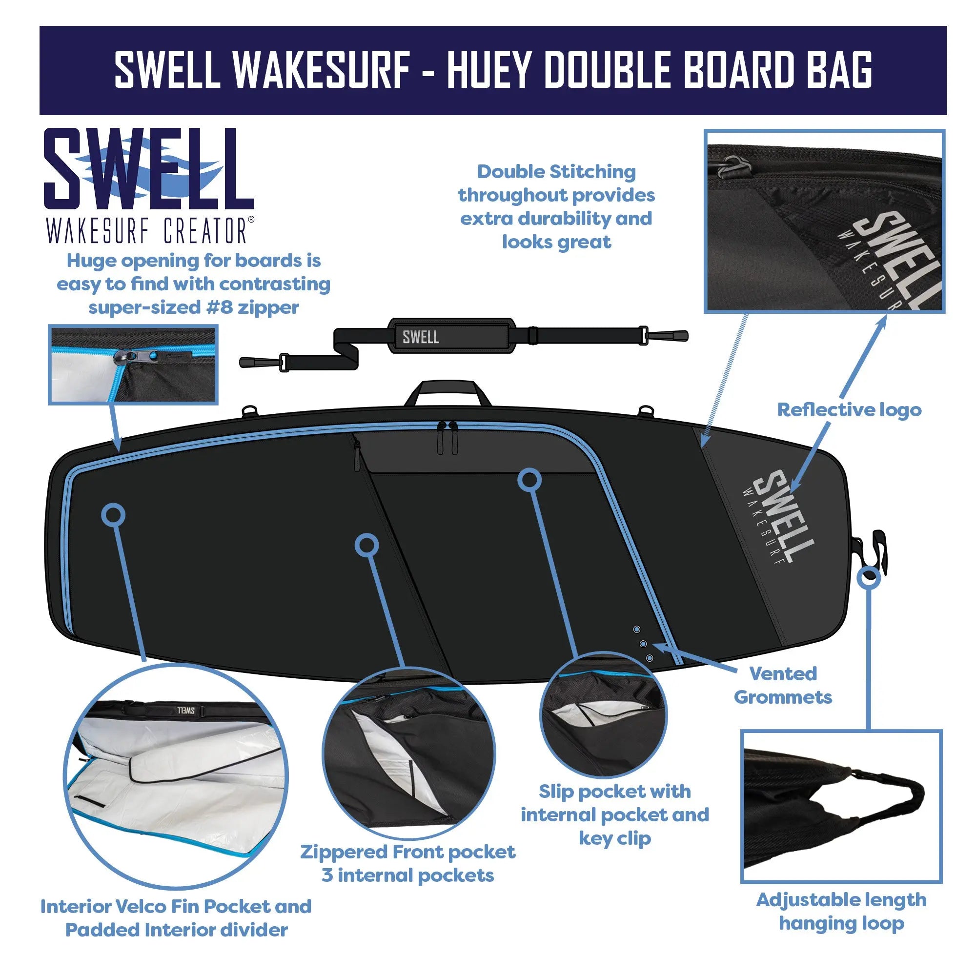 SWELL Wakesurf - Huey Double Wakesurf Board Bag - Great for Wakeboards SWELL Wakesurf