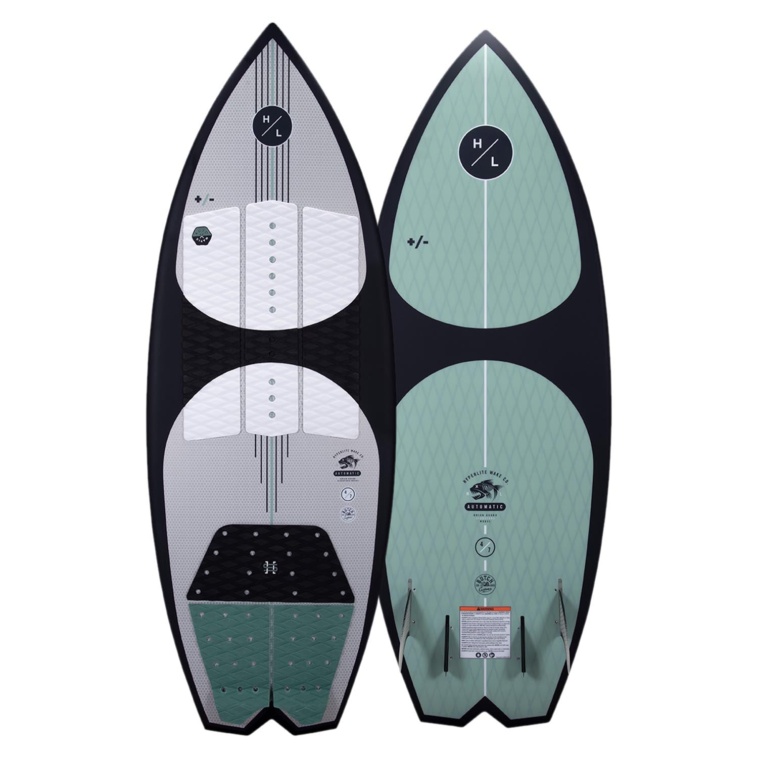 A Hyperlite wakeboard with a surf vibe design in green and black.