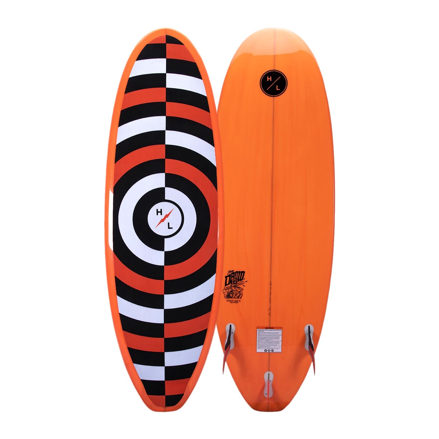 A Hyperlite surfboard with an orange and black design, ideal for longboard style surfers.