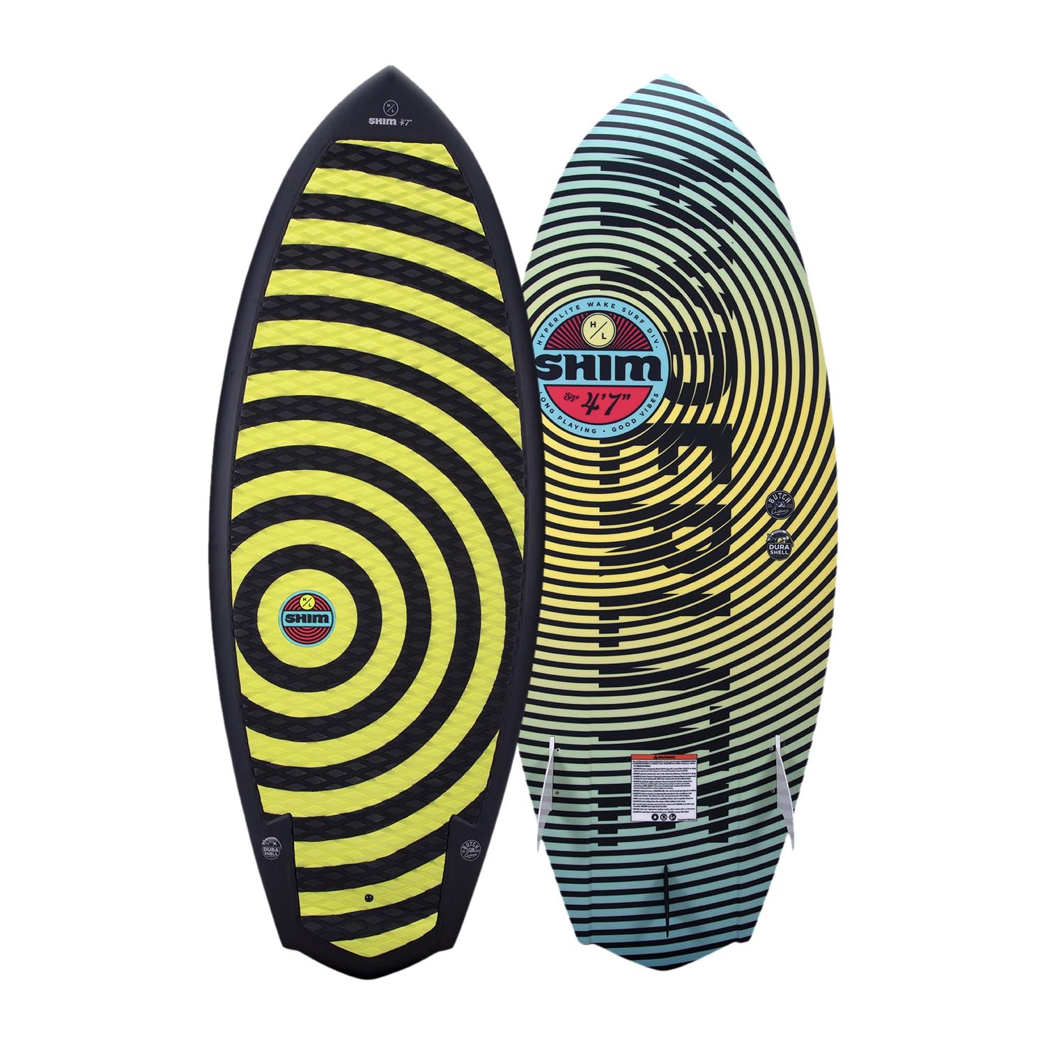 A HYPERLITE Shim 2023 wakeboard with a yellow and black design, featuring surf style characteristics.