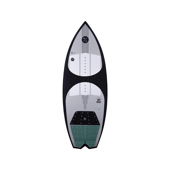 A black and white Hyperlite Automatic 2023 wakeboard with a surf vibe on a white background.