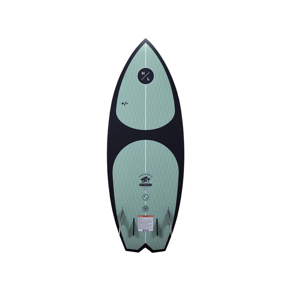 A green and black Hyperlite wakeboard with a surf vibe on a white background.