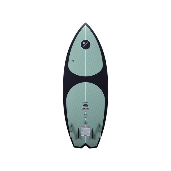 A green and black Hyperlite wakeboard with a surf vibe on a white background.